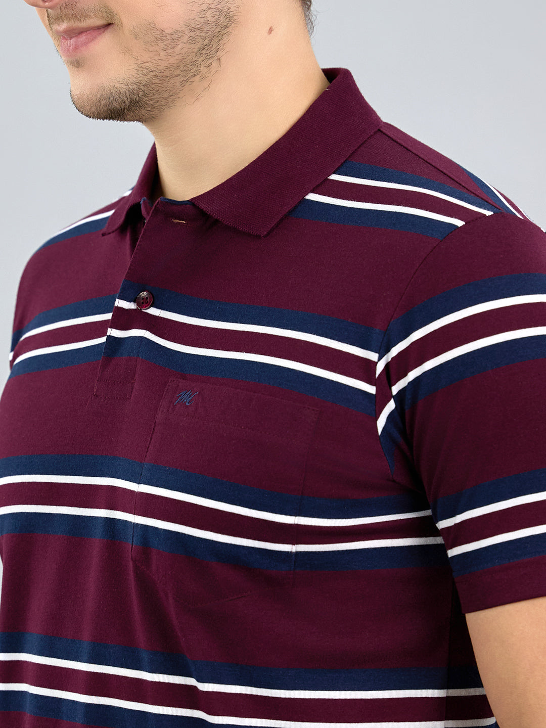 Men Maroon Stripe Polo Collar Half Sleeve T-Shirt