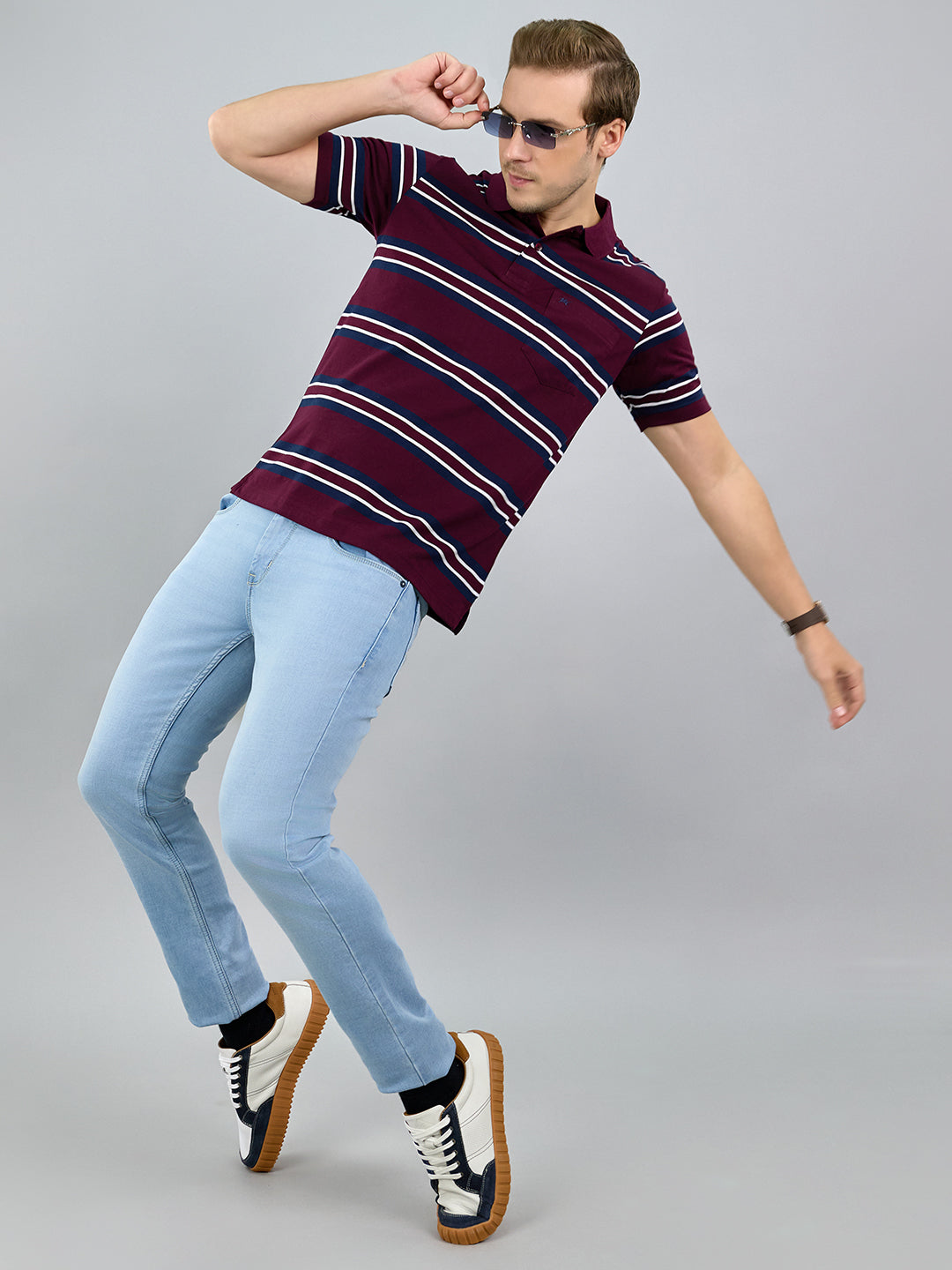 Men Maroon Stripe Polo Collar Half Sleeve T-Shirt