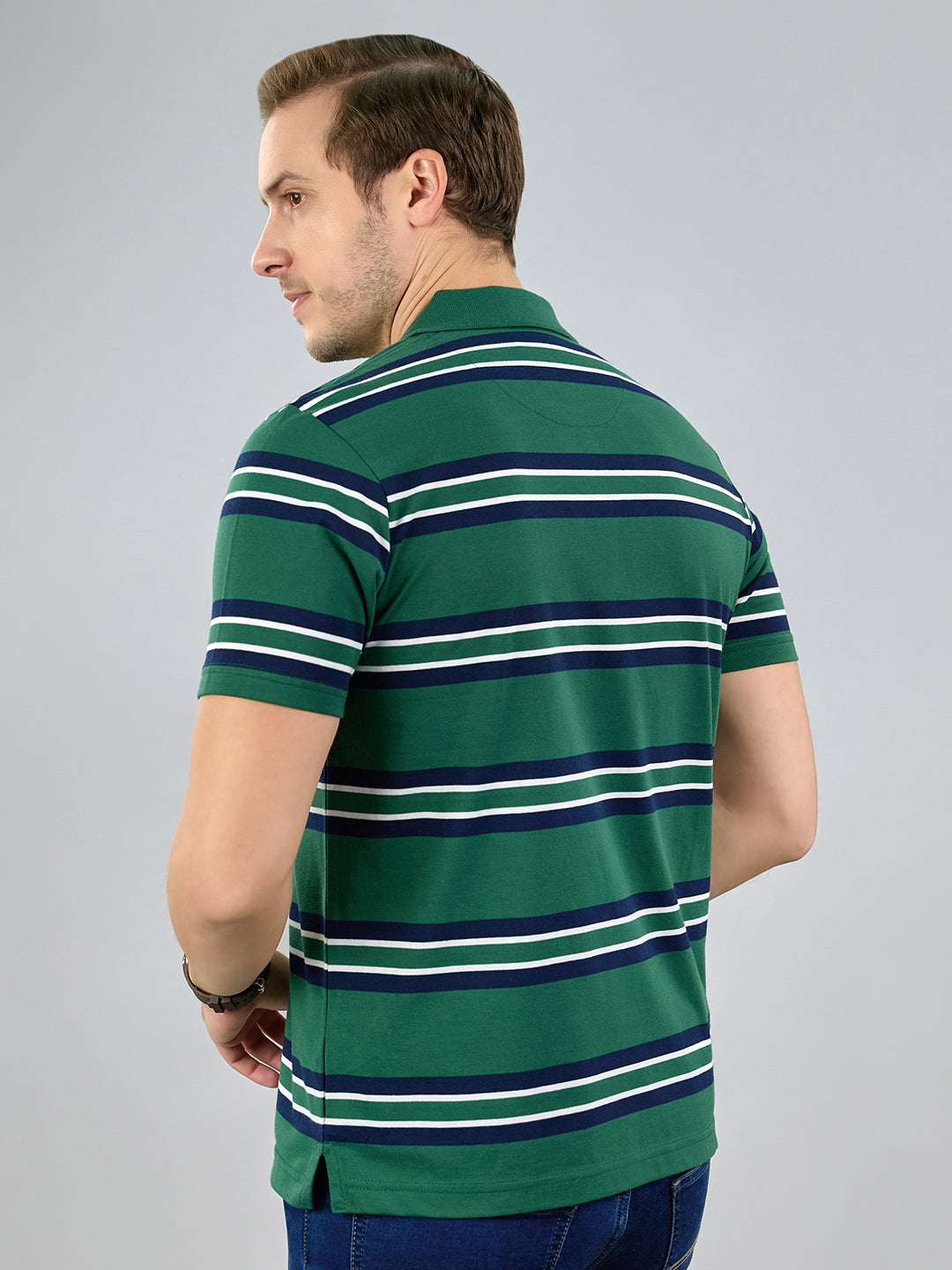 Men Green Stripe Polo Collar Half Sleeve T-Shirt