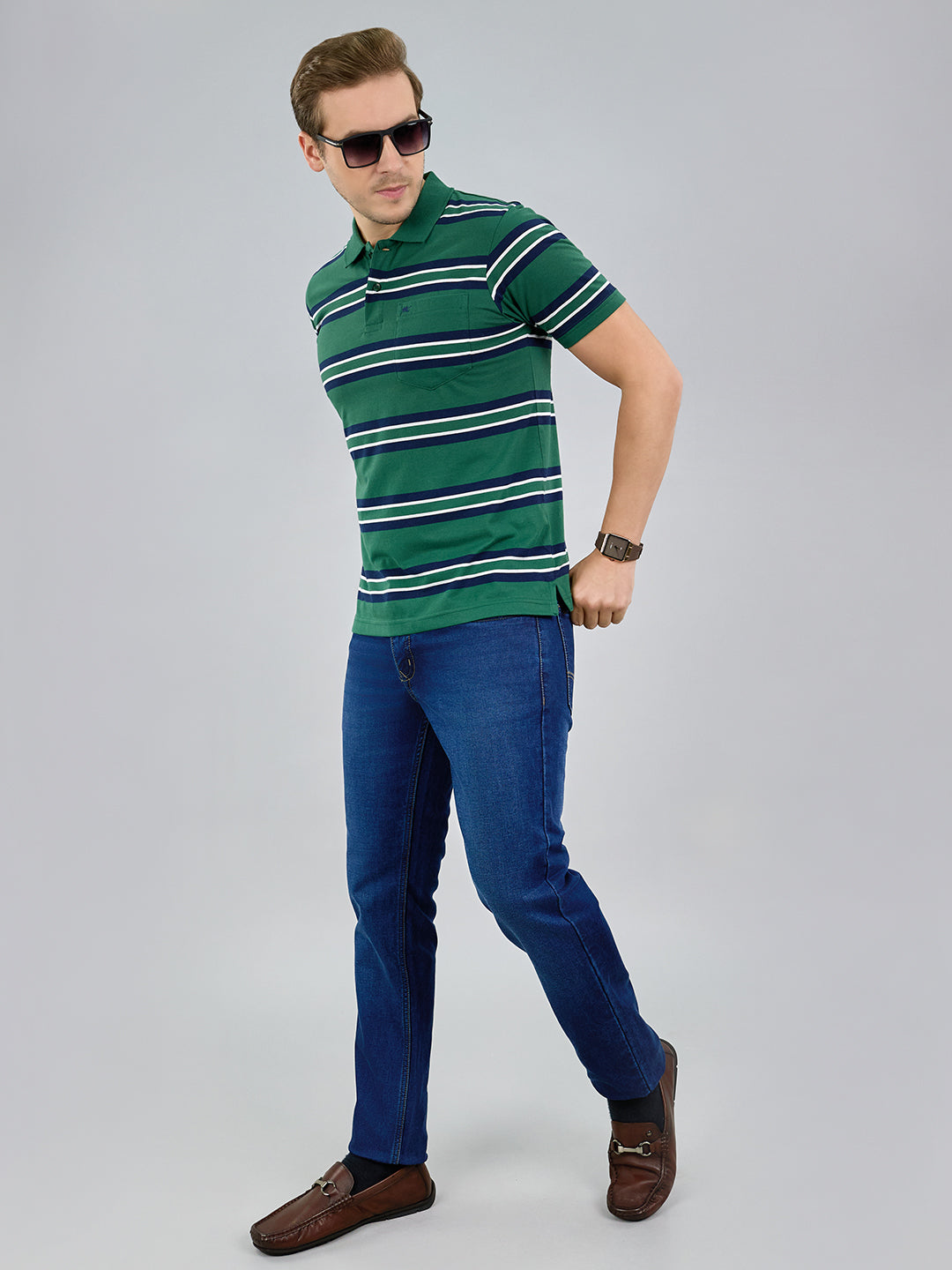 Men Green Stripe Polo Collar Half Sleeve T-Shirt