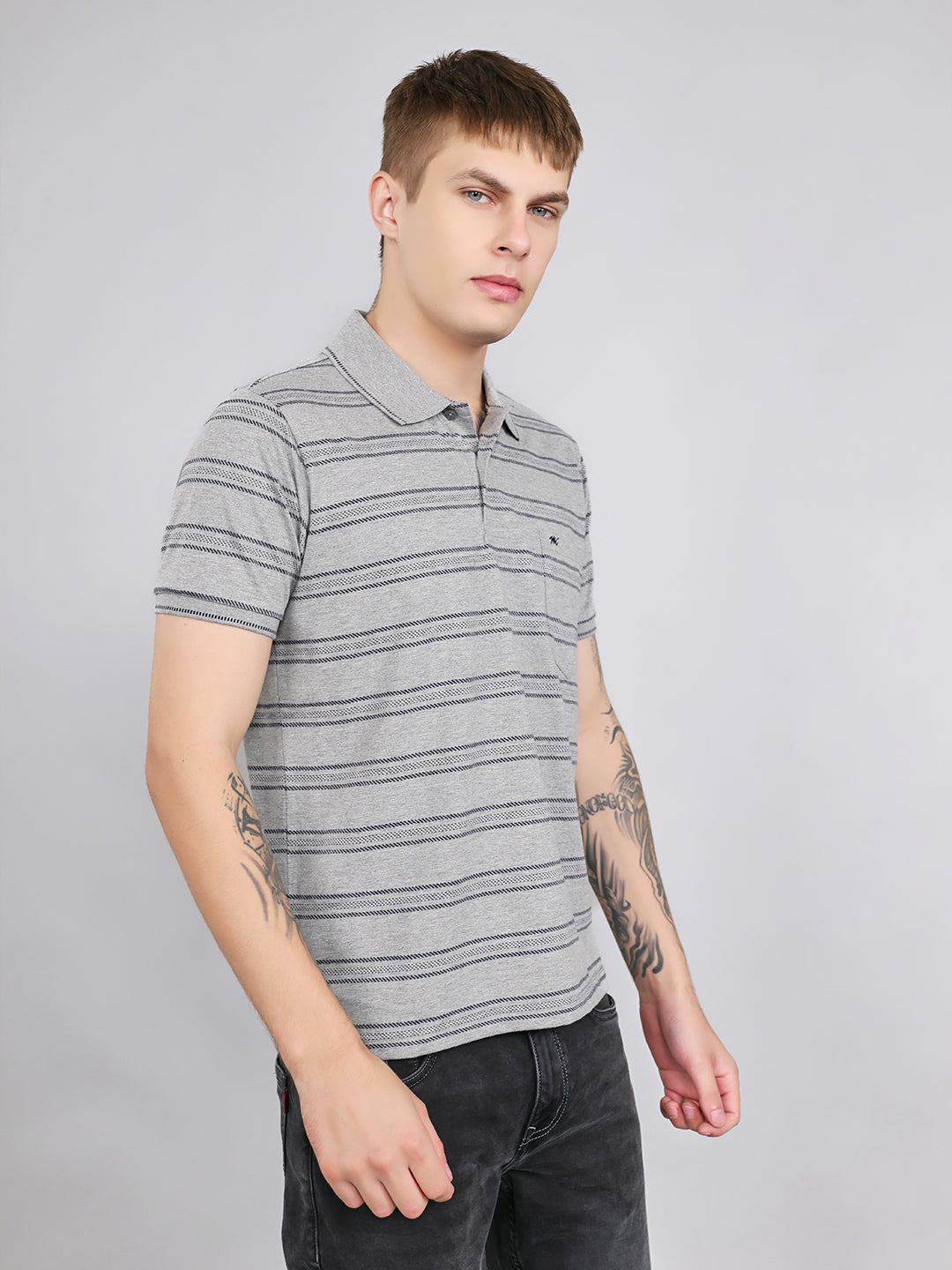 Men Grey Stripe Collar Half Sleeve T-Shirt