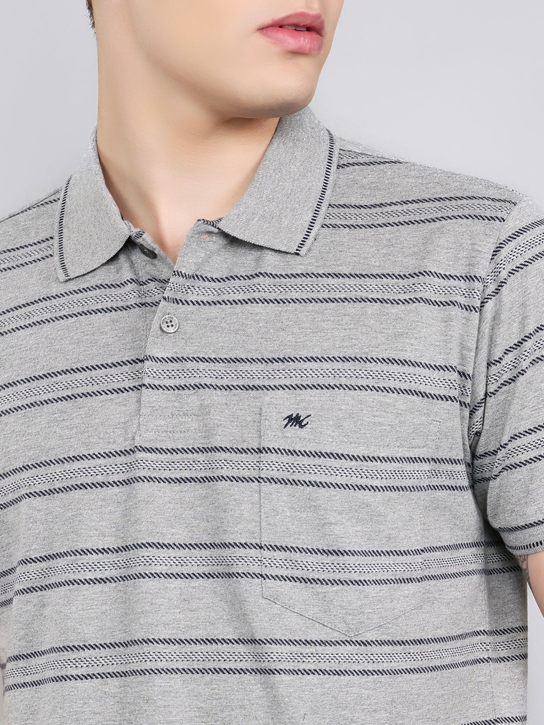 Men Grey Stripe Collar Half Sleeve T-Shirt