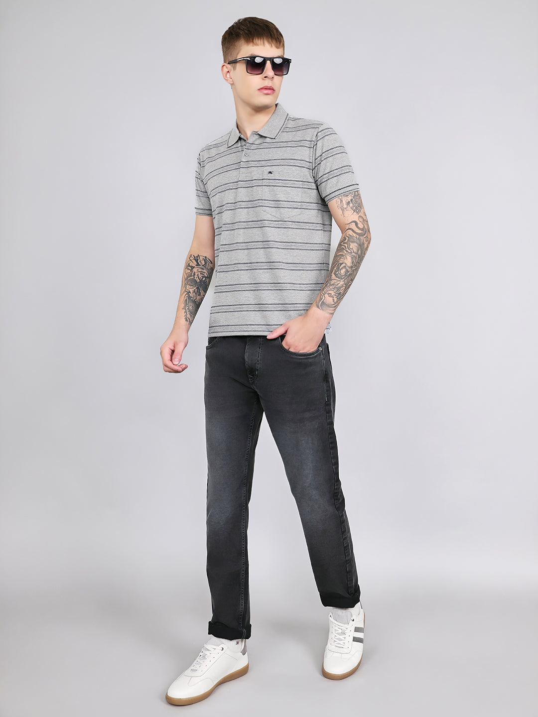 Men Grey Stripe Collar Half Sleeve T-Shirt