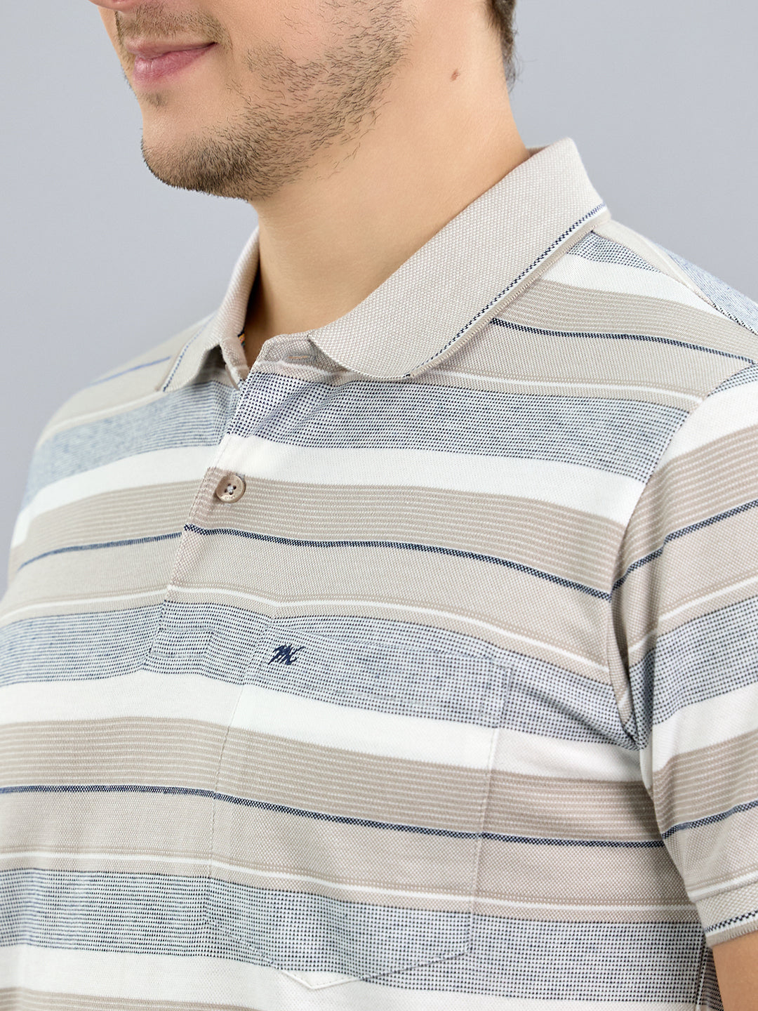 Men Grey Stripe Polo Collar Half Sleeve T-Shirt