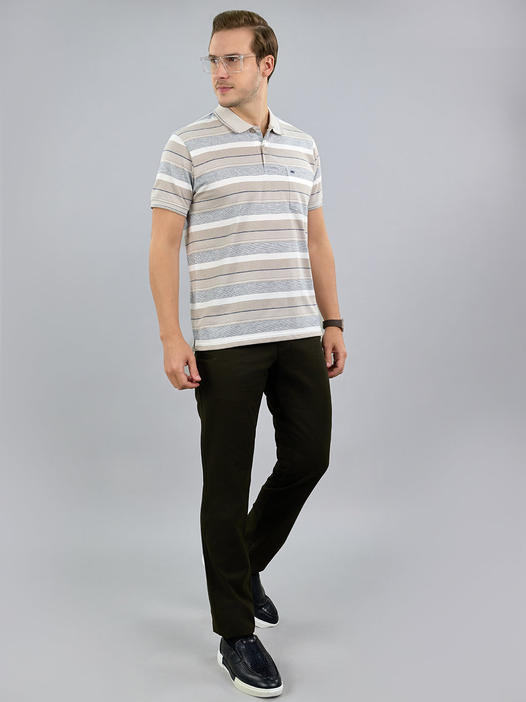 Men Grey Stripe Polo Collar Half Sleeve T-Shirt