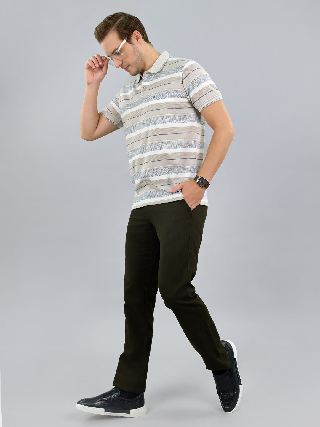 Men Grey Stripe Polo Collar Half Sleeve T-Shirt