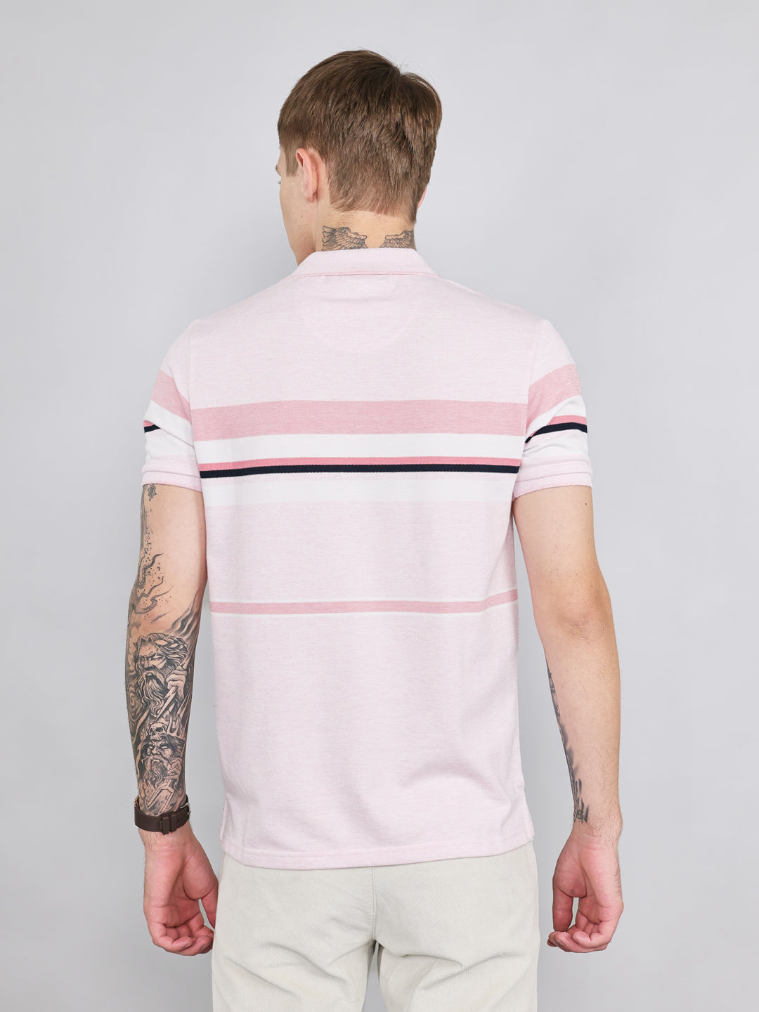 Men Pink Stripe Collar Half Sleeve T-Shirt