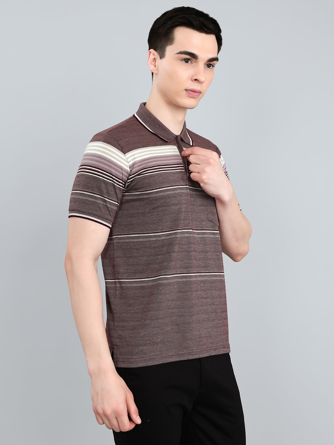 Men Maroon Stripe Collar Half Sleeve T-Shirt