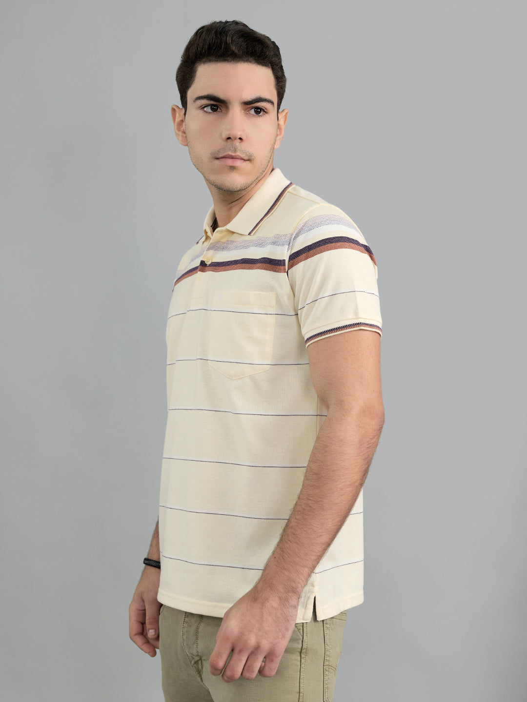 Men Yellow Stripe Polo Collar Half Sleeve T-Shirt