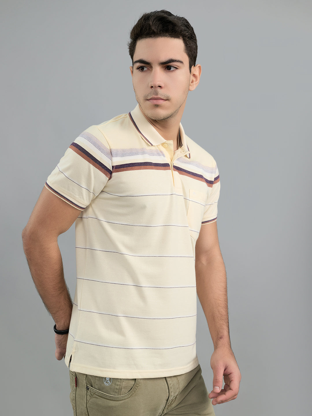 Men Yellow Stripe Polo Collar Half Sleeve T-Shirt