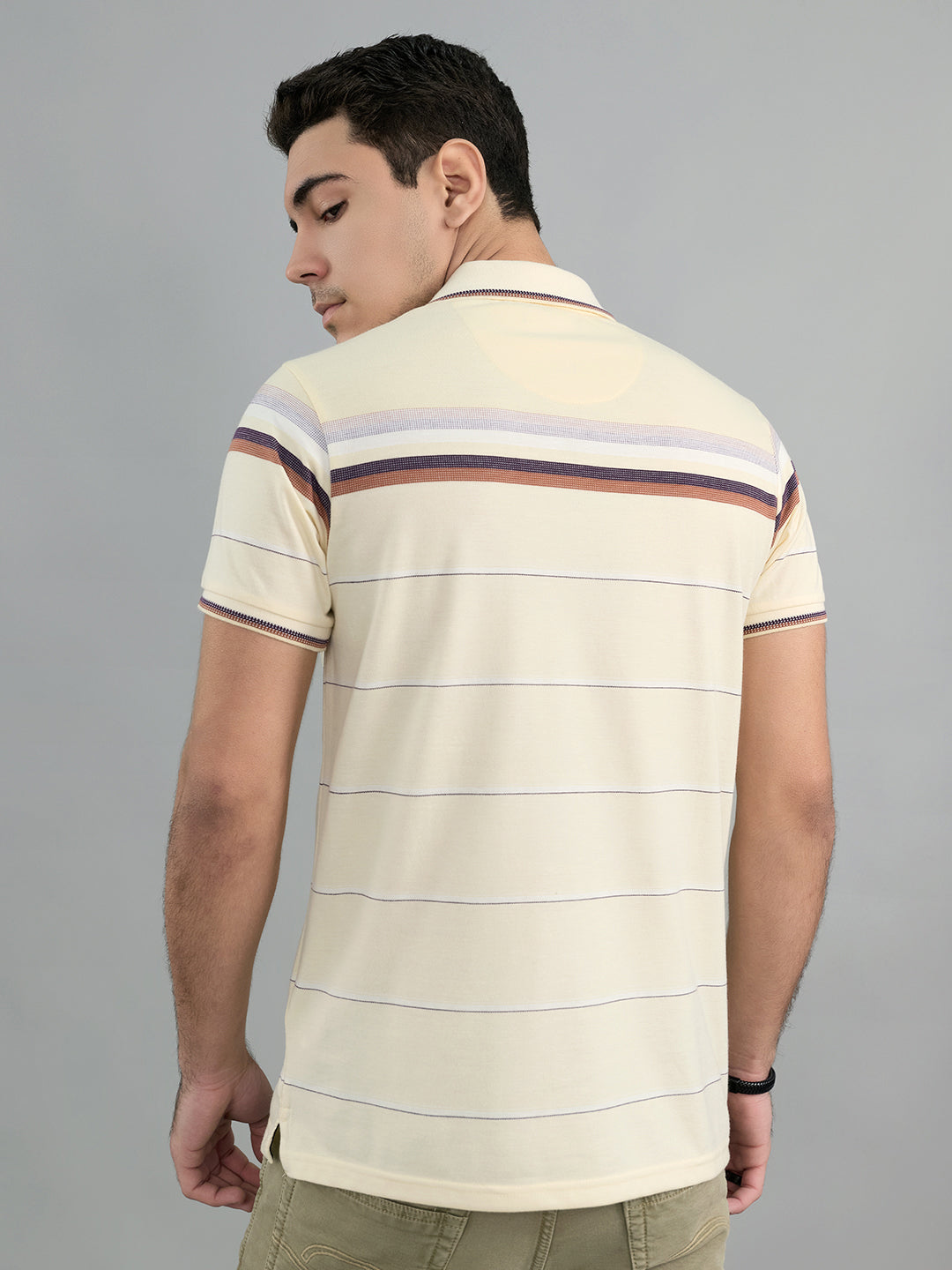 Men Yellow Stripe Polo Collar Half Sleeve T-Shirt