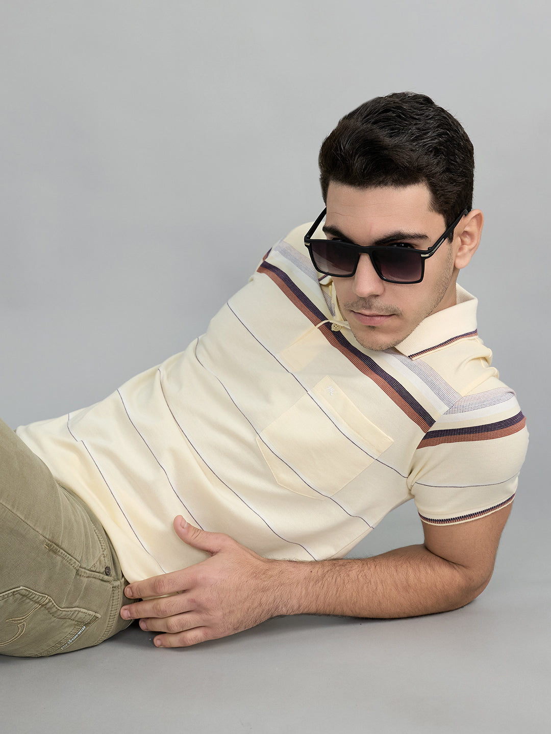 Men Yellow Stripe Polo Collar Half Sleeve T-Shirt