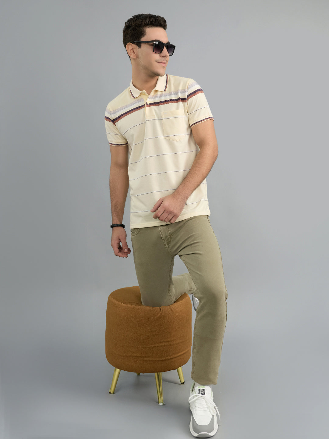Men Yellow Stripe Polo Collar Half Sleeve T-Shirt