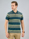 Men Green Stripe Polo Collar Half Sleeve T-Shirt