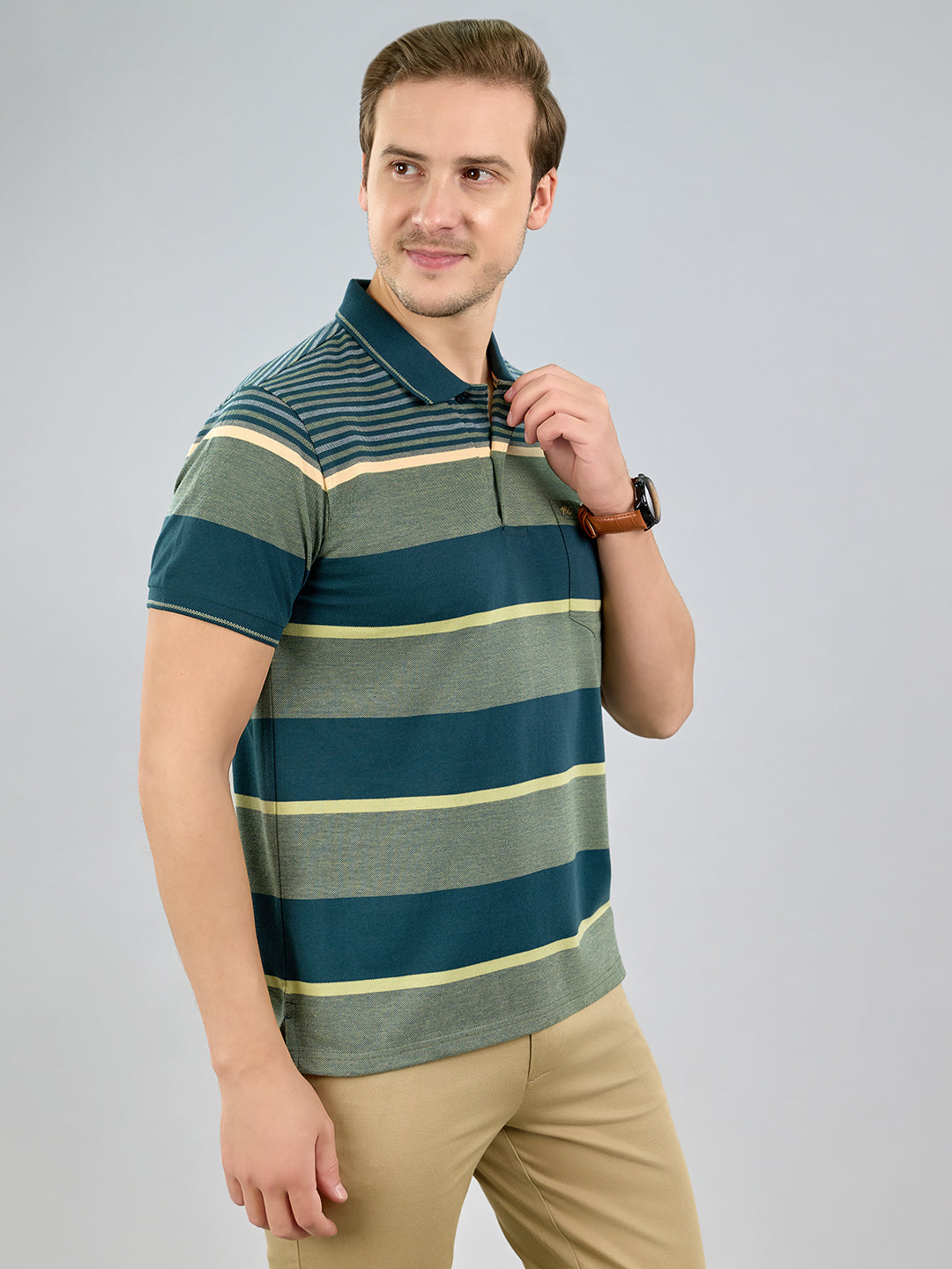Men Green Stripe Polo Collar Half Sleeve T-Shirt