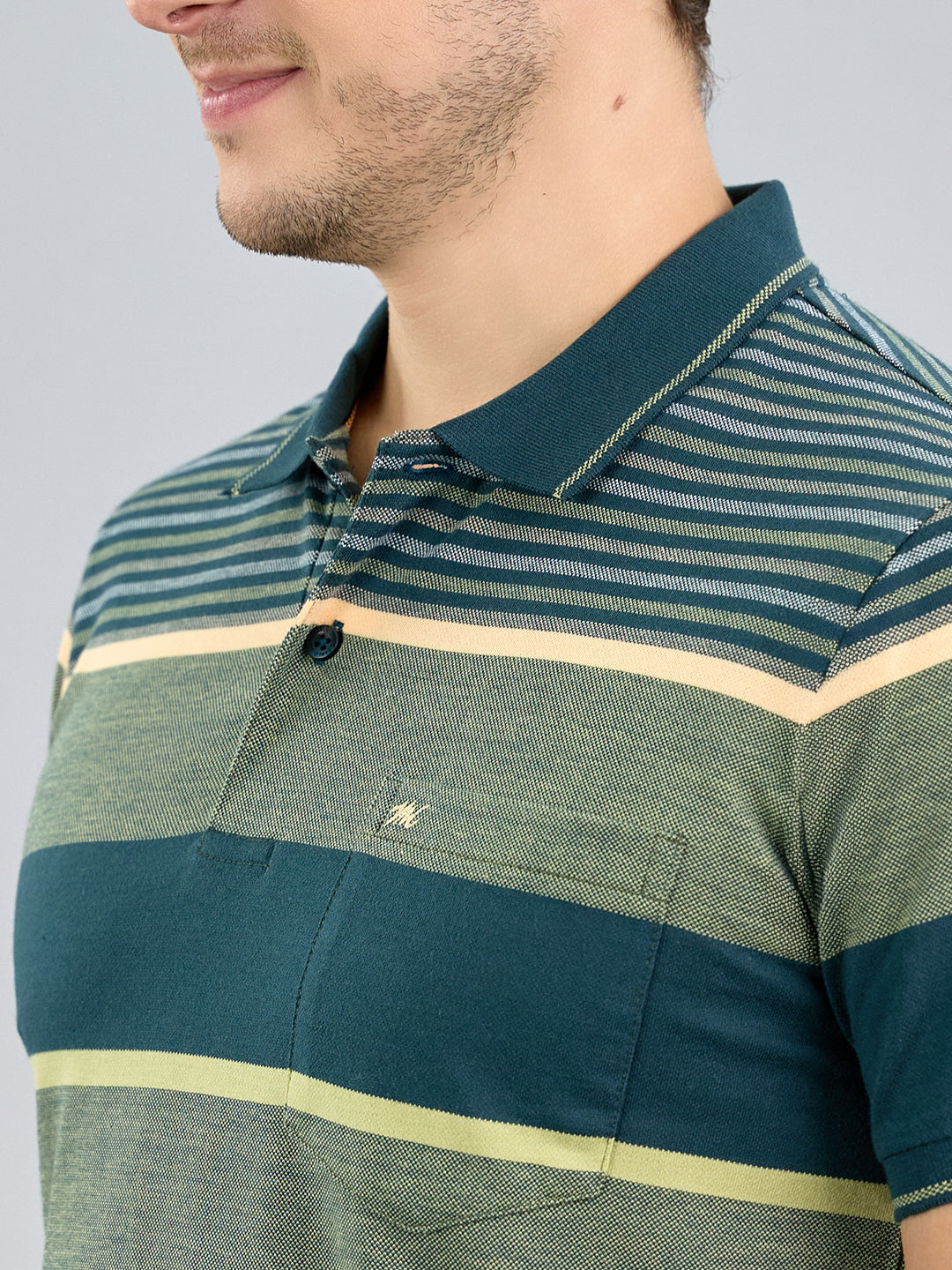 Men Green Stripe Polo Collar Half Sleeve T-Shirt
