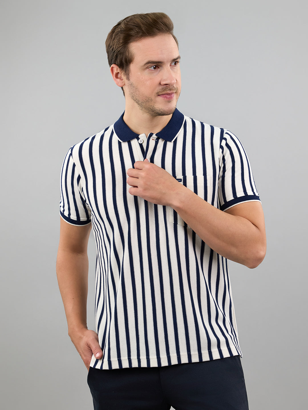 Men Navy Blue Stripe Polo Collar Half Sleeve T-Shirt