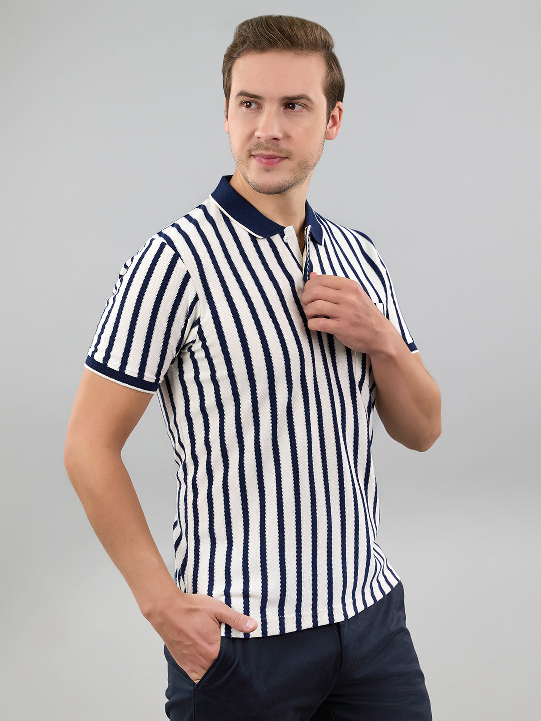 Men Navy Blue Stripe Polo Collar Half Sleeve T-Shirt