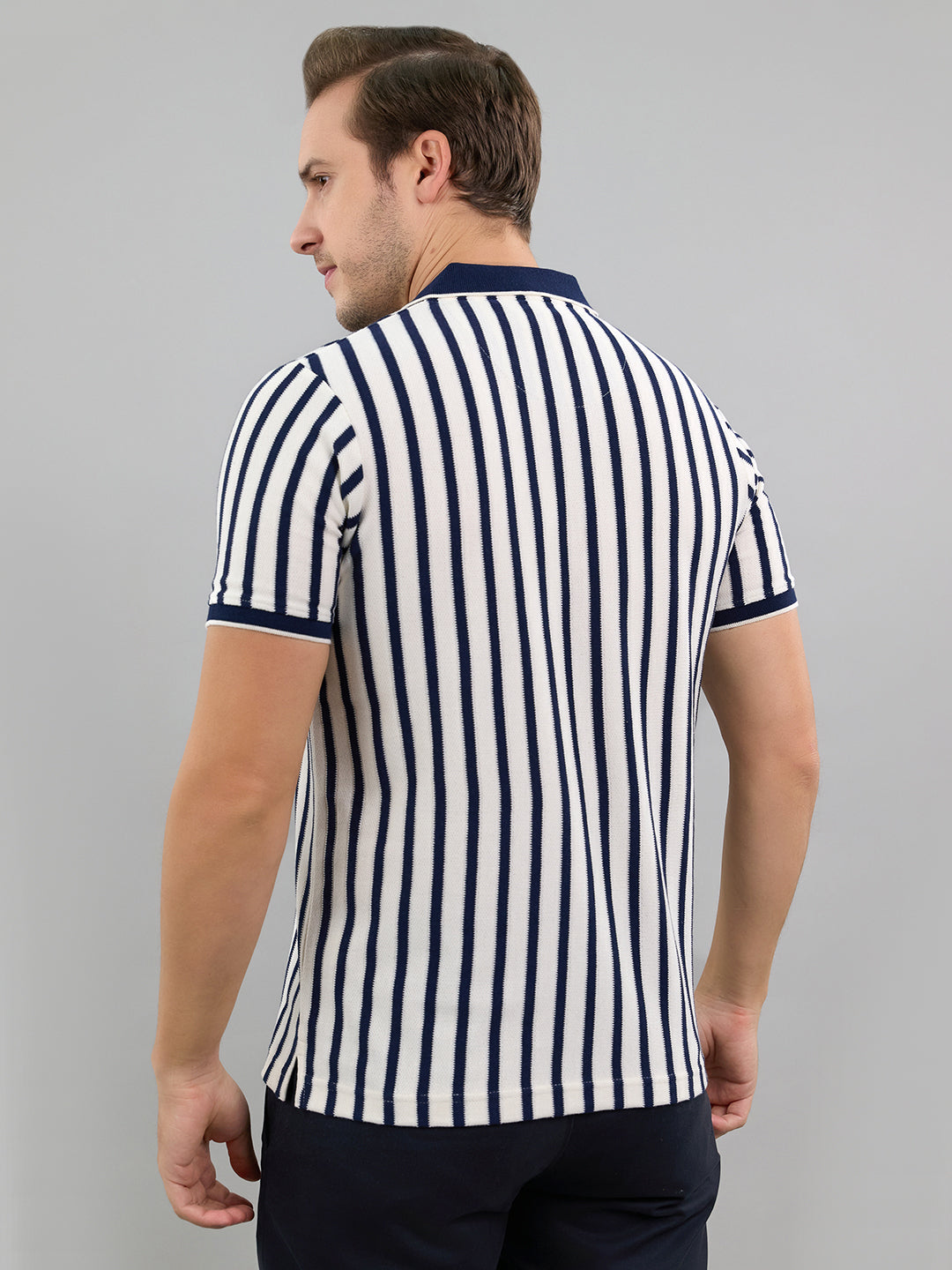 Men Navy Blue Stripe Polo Collar Half Sleeve T-Shirt