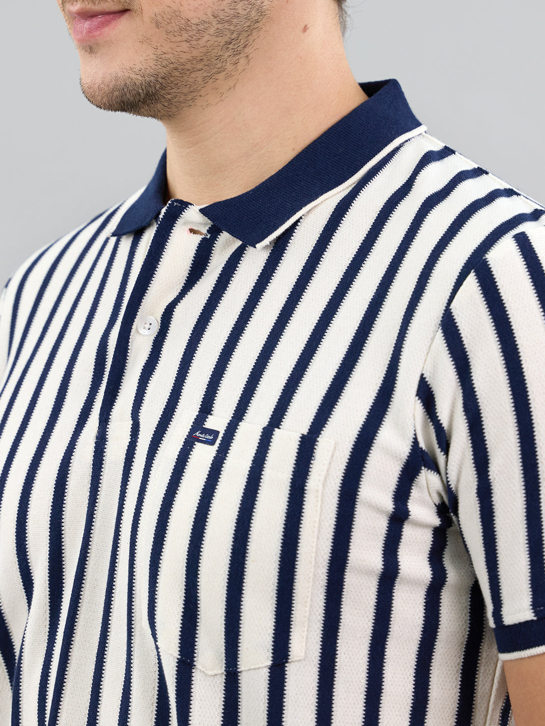 Men Navy Blue Stripe Polo Collar Half Sleeve T-Shirt
