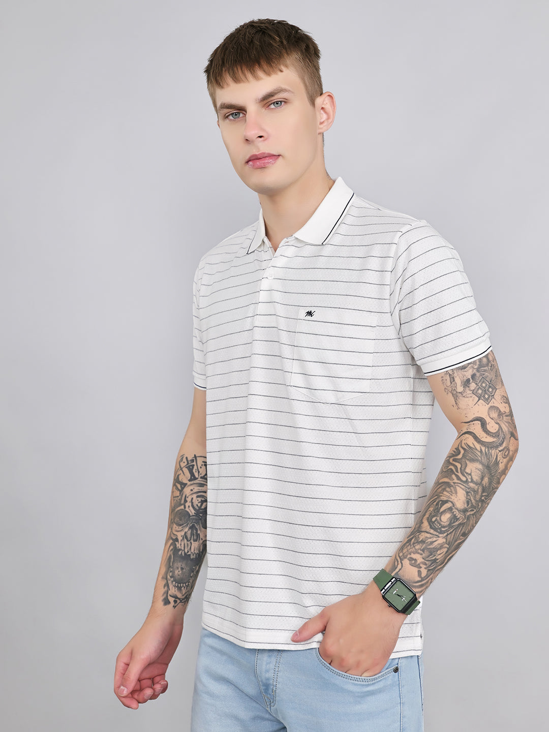 Men White Stripe Collar Half Sleeve T-Shirt