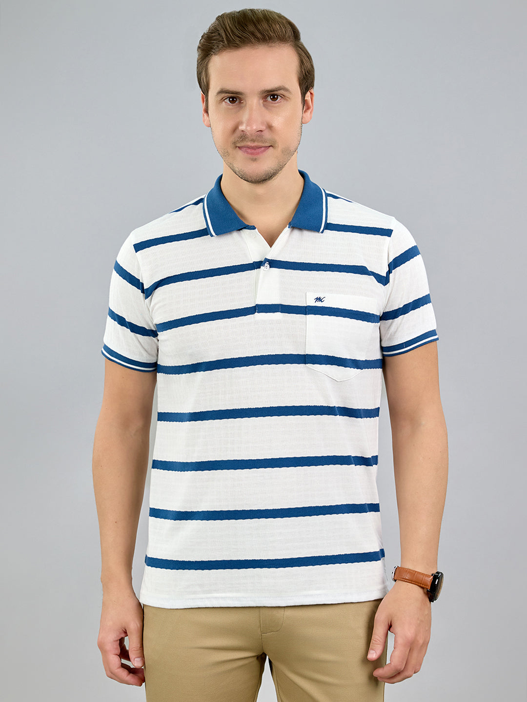 Men White Stripe Polo Collar Half Sleeve T-Shirt