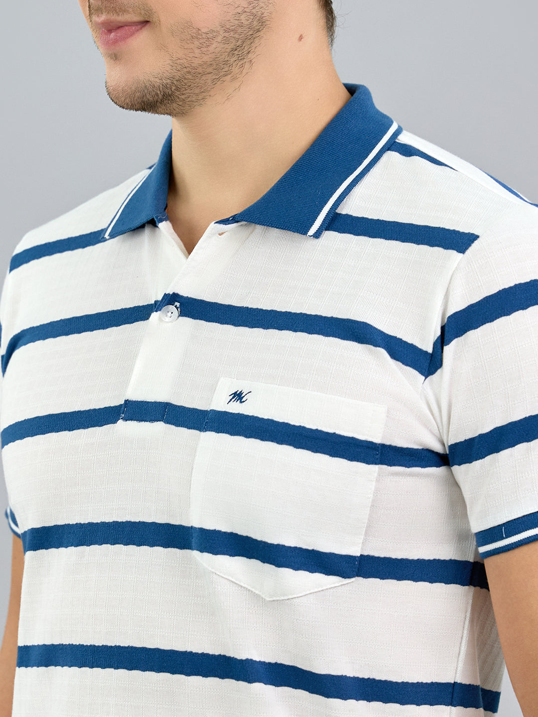 Men White Stripe Polo Collar Half Sleeve T-Shirt