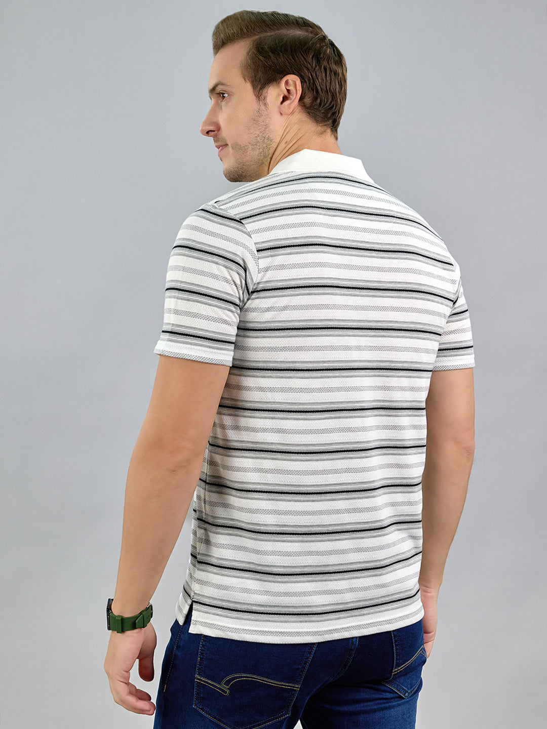 Men White Stripe Polo Collar Half Sleeve T-Shirt
