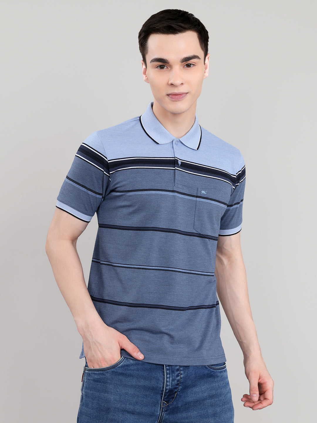Men Blue Stripe Collar Half Sleeve T-Shirt