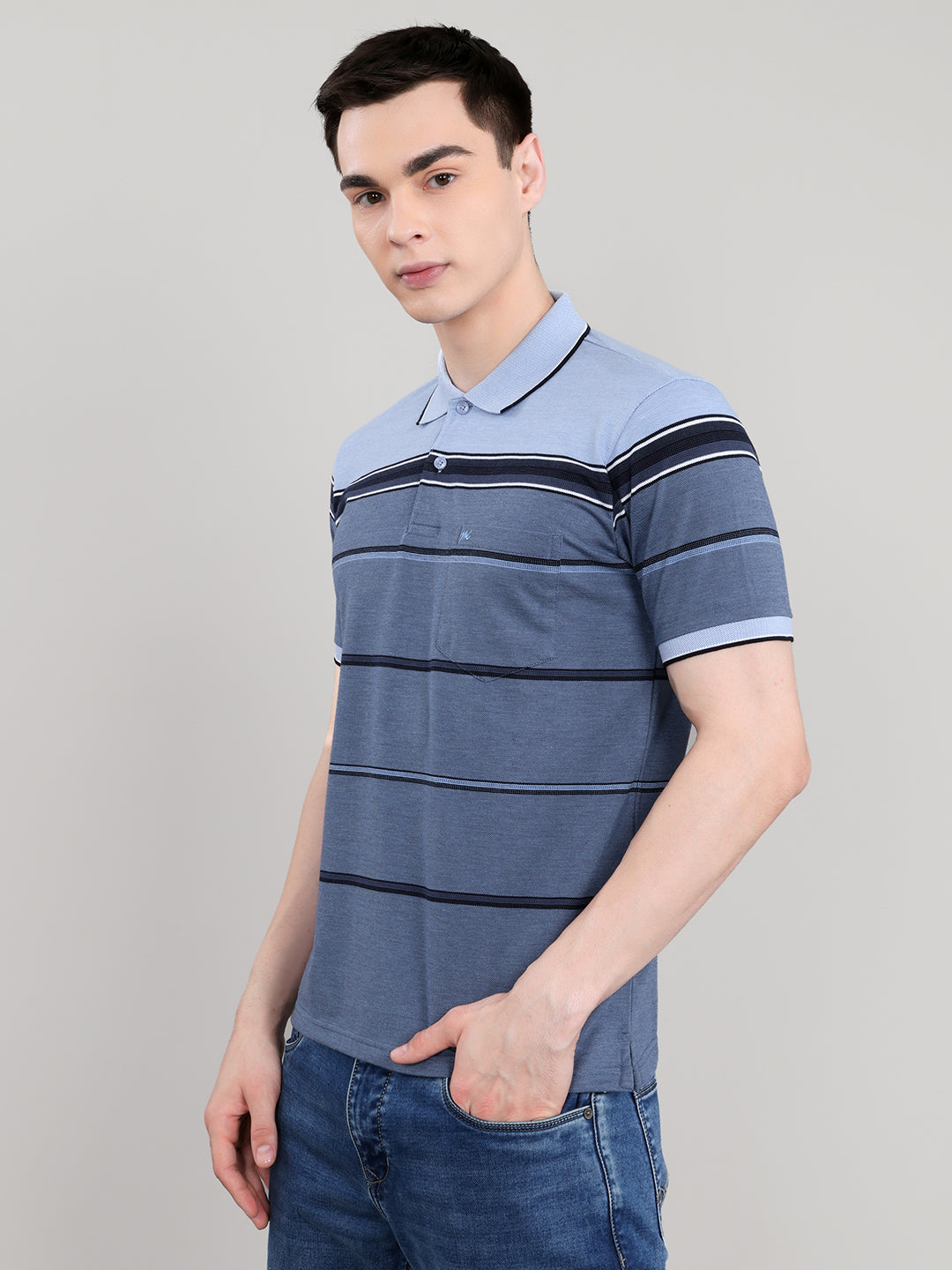 Men Blue Stripe Collar Half Sleeve T-Shirt
