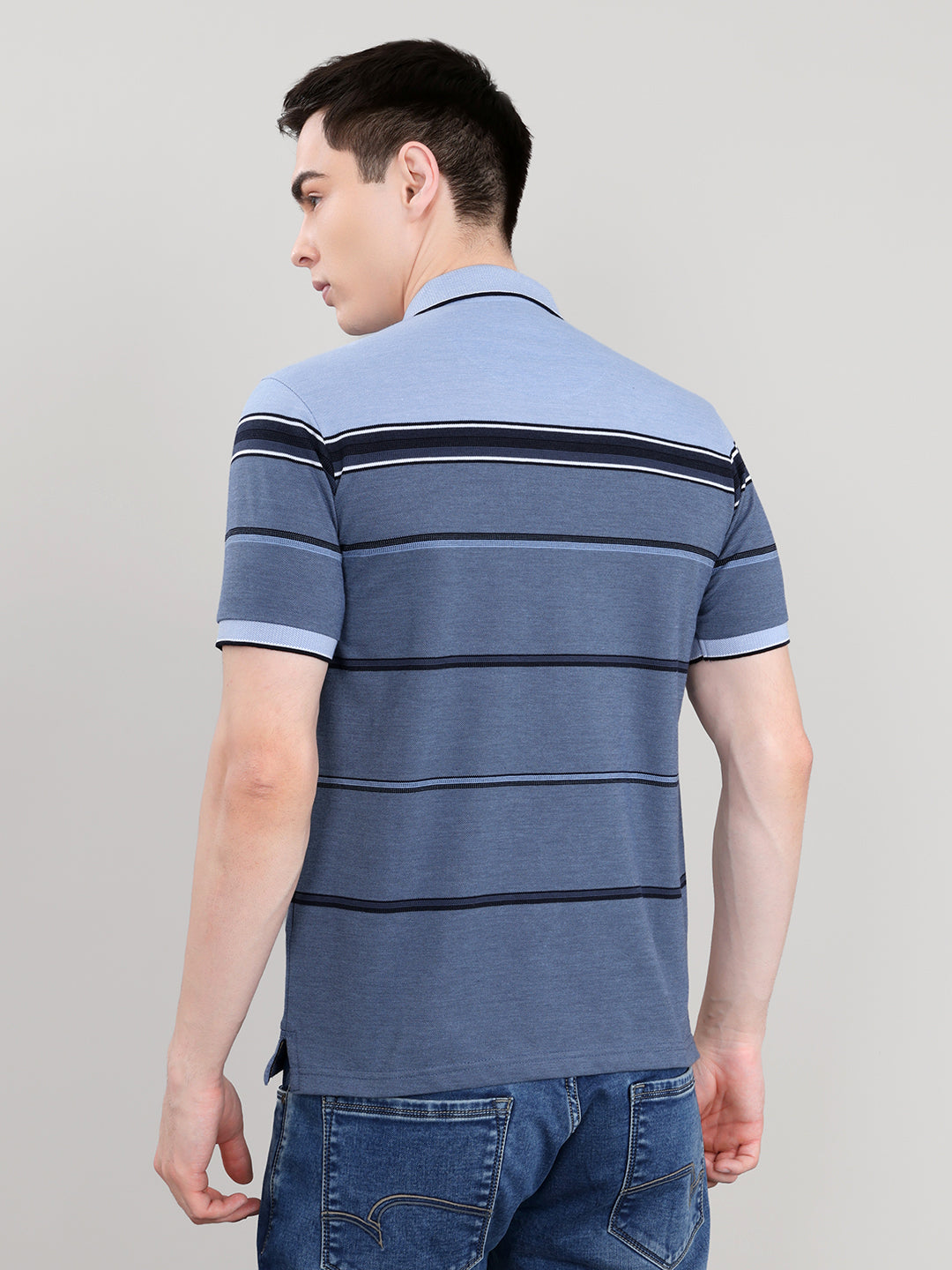 Men Blue Stripe Collar Half Sleeve T-Shirt