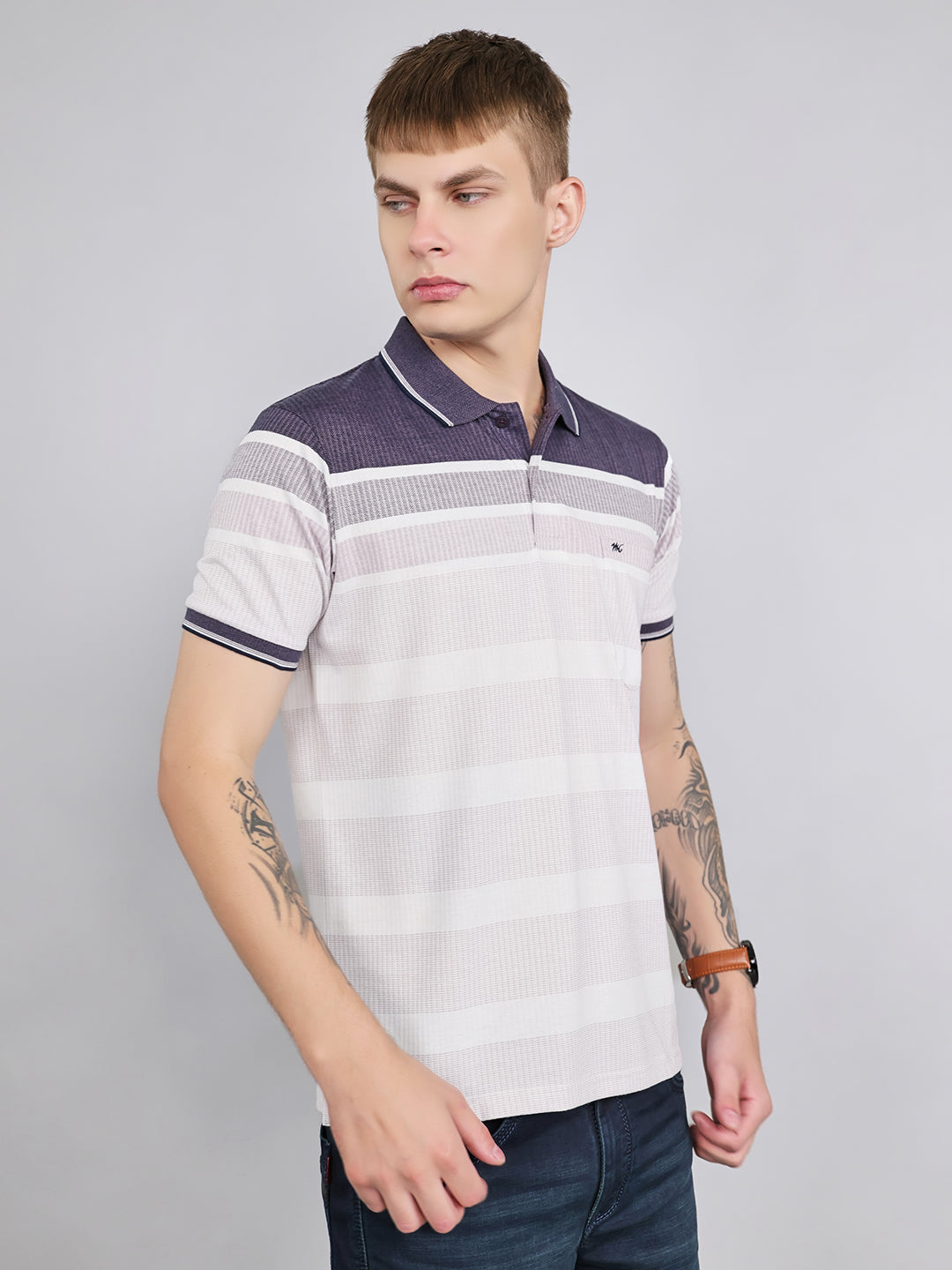 Men Purple Stripe Collar Half Sleeve T-Shirt