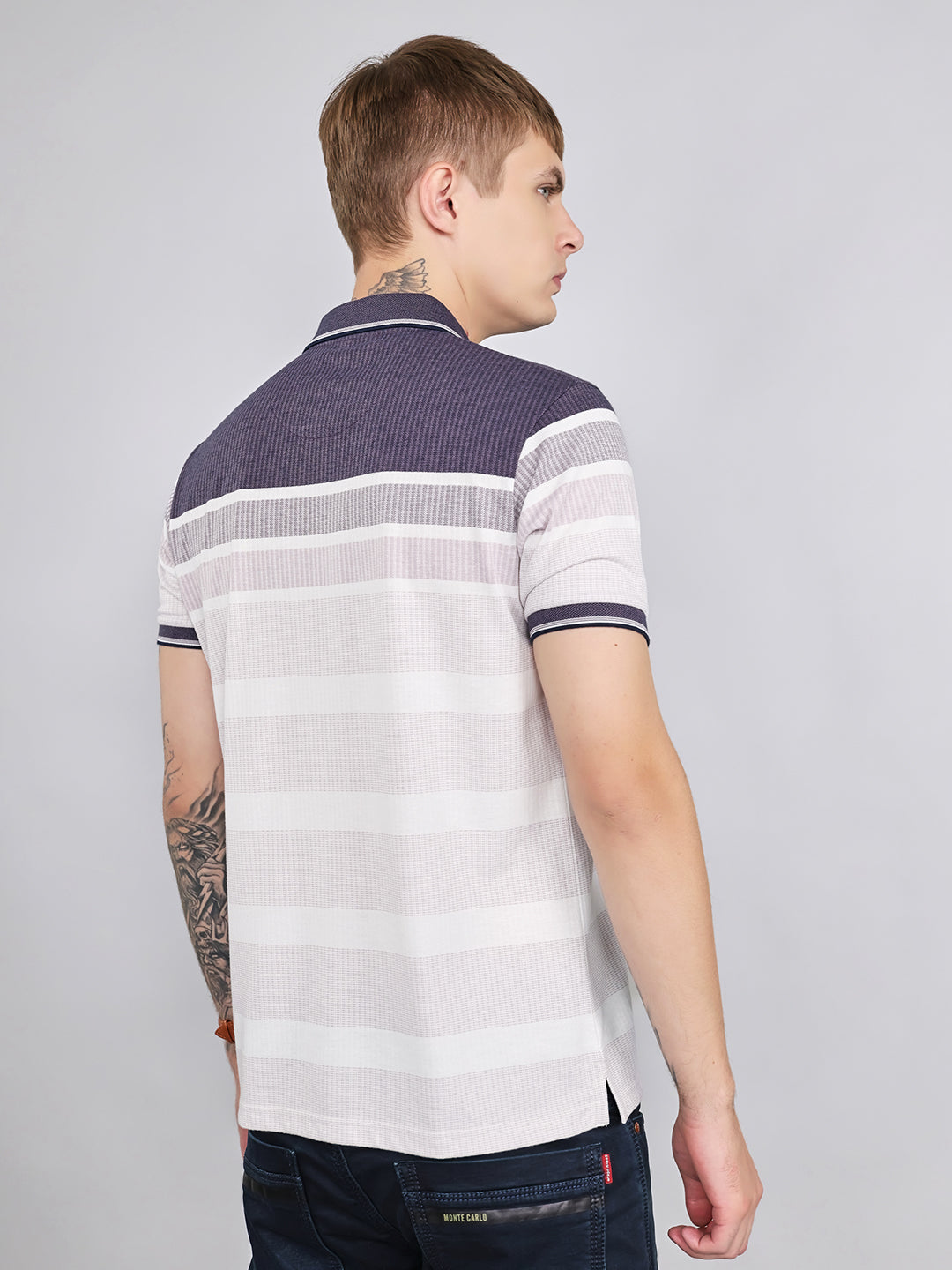Men Purple Stripe Collar Half Sleeve T-Shirt
