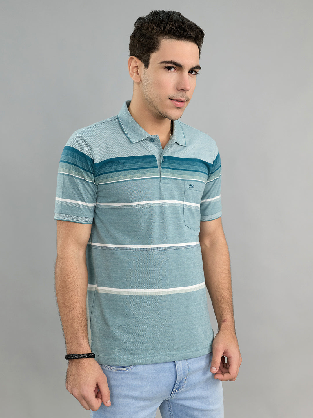 Men Green Stripe Polo Collar Half Sleeve T-Shirt