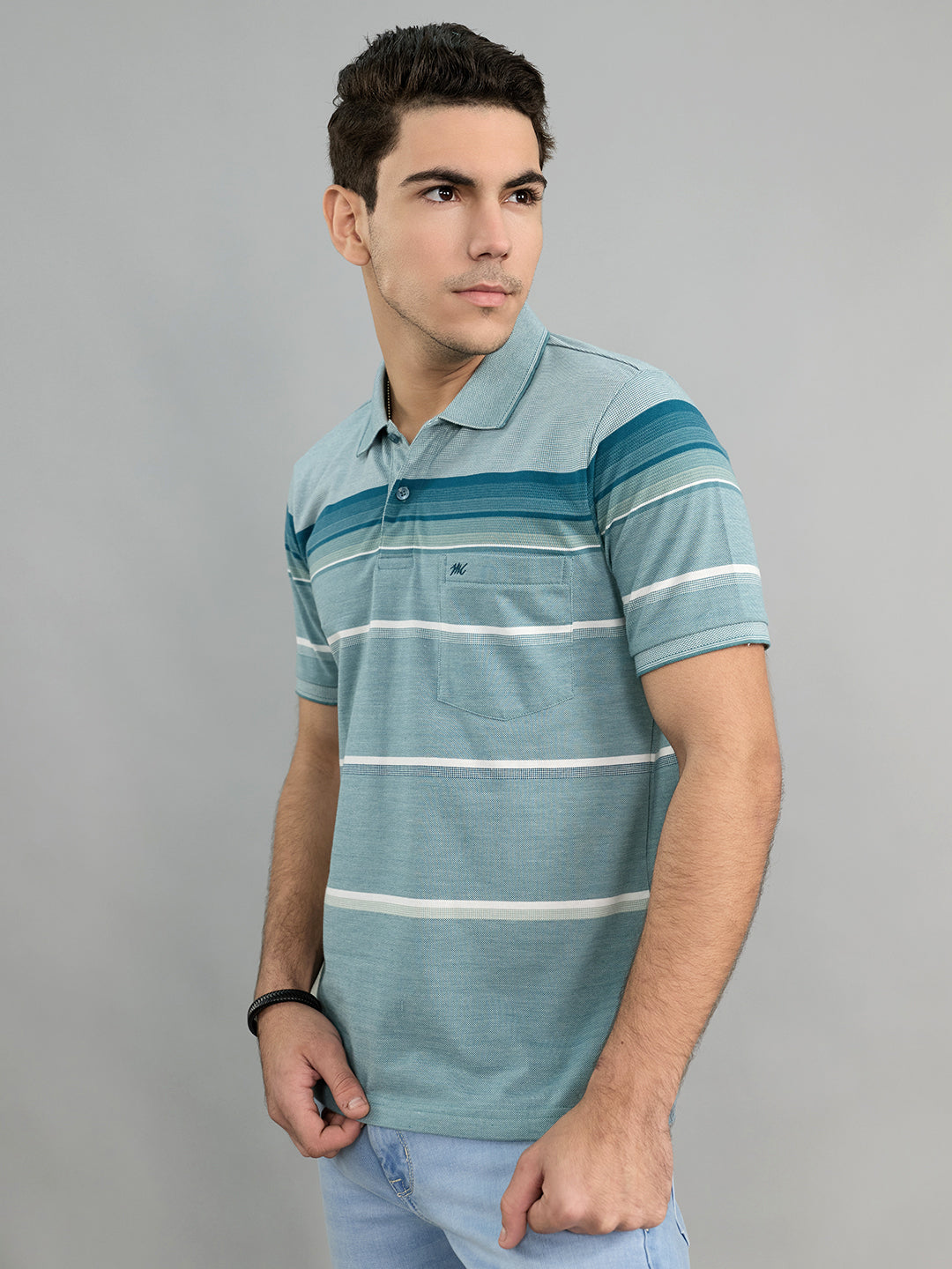 Men Green Stripe Polo Collar Half Sleeve T-Shirt
