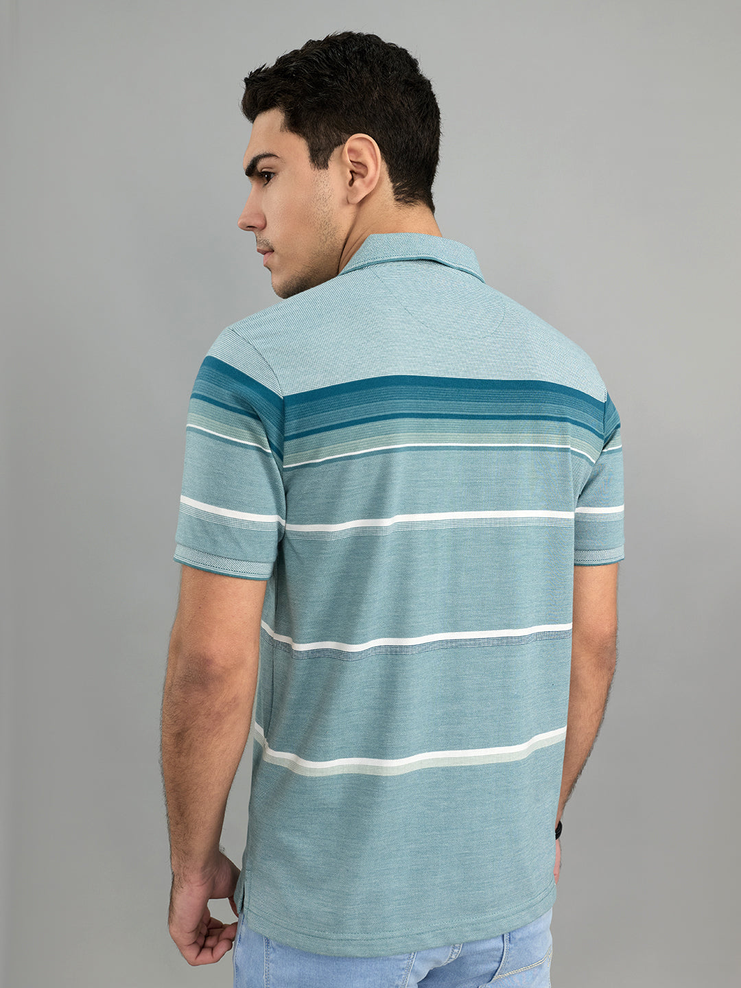 Men Green Stripe Polo Collar Half Sleeve T-Shirt
