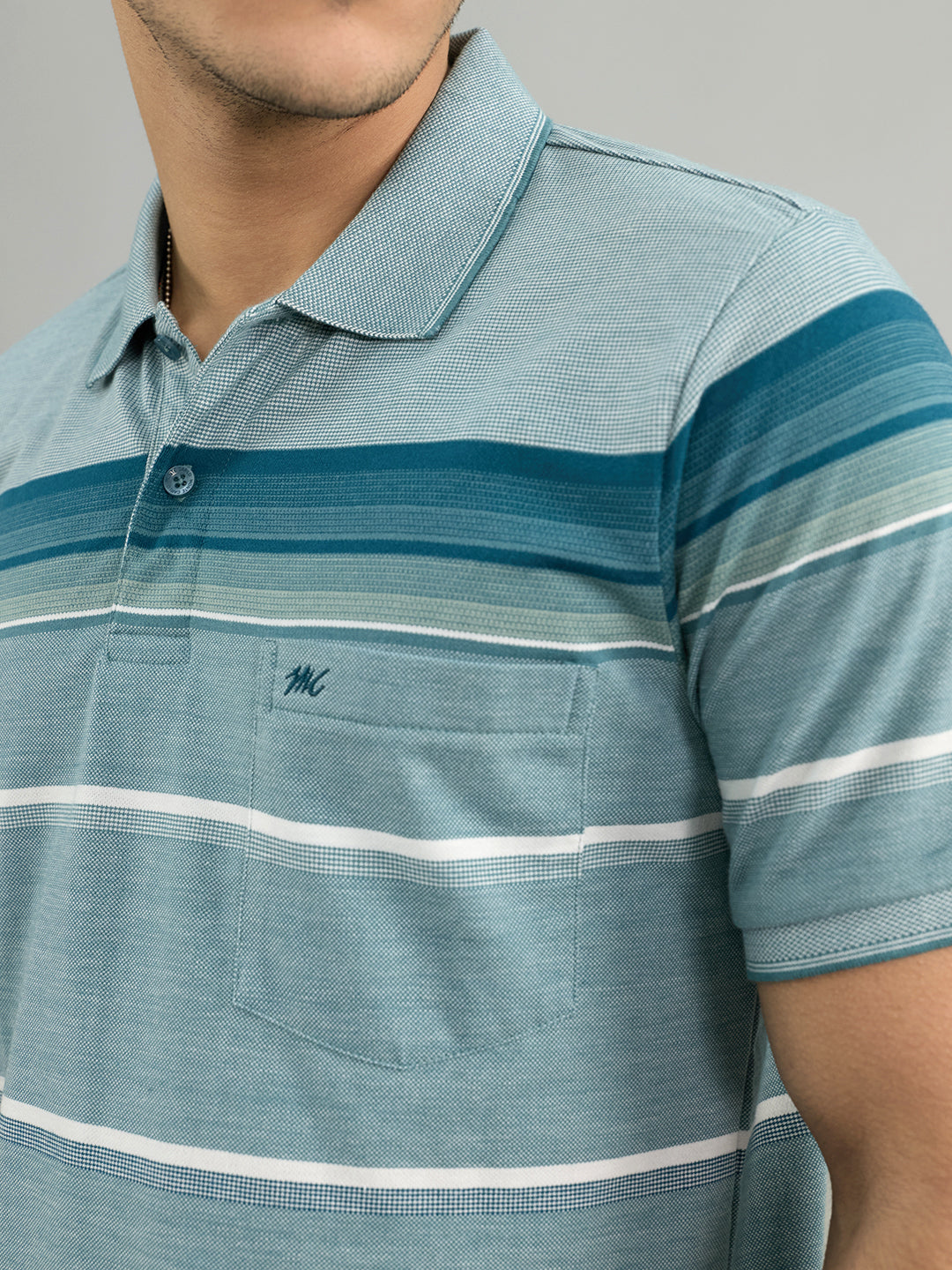 Men Green Stripe Polo Collar Half Sleeve T-Shirt