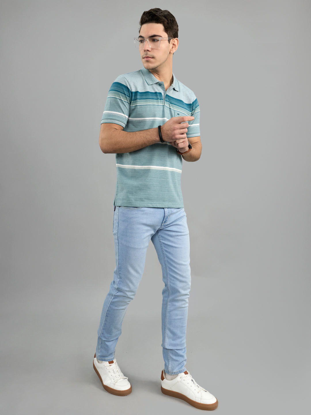 Men Green Stripe Polo Collar Half Sleeve T-Shirt