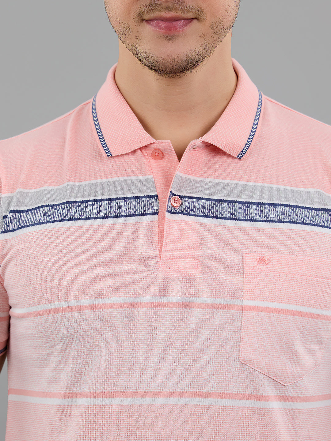 Men Pink Stripe Polo Collar Half Sleeve T-Shirt