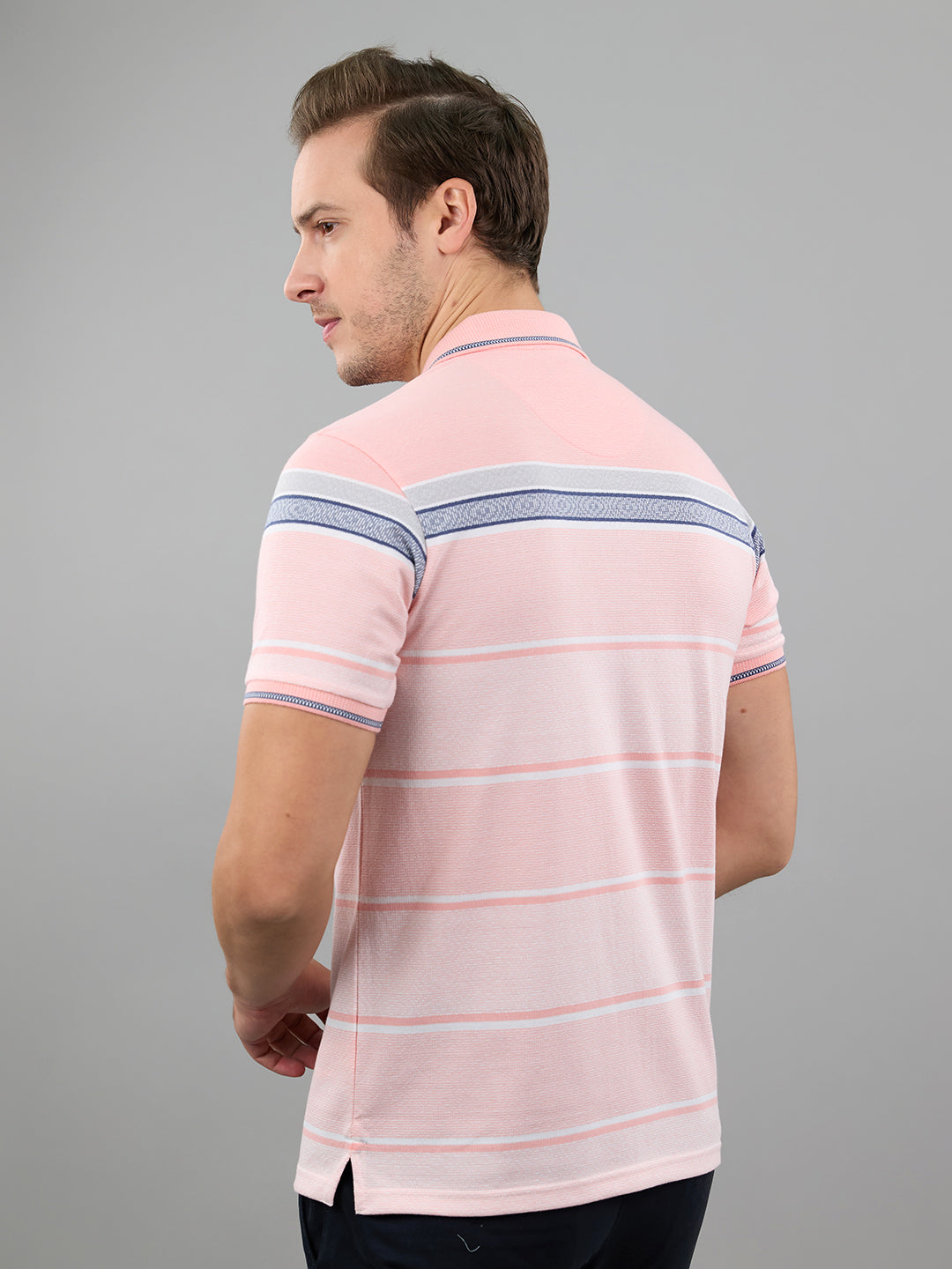 Men Pink Stripe Polo Collar Half Sleeve T-Shirt