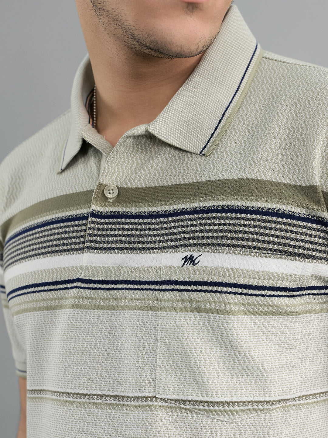 Men Olive Stripe Collar Half Sleeve T-Shirt