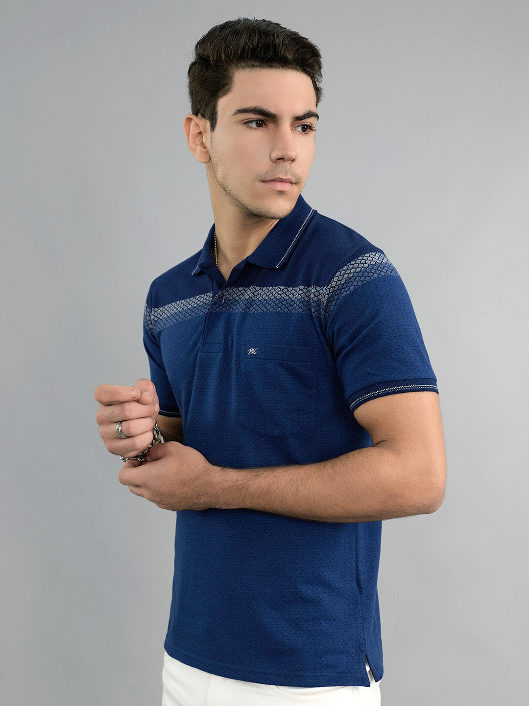 Men Navy Blue Stripe Collar Half Sleeve T-Shirt