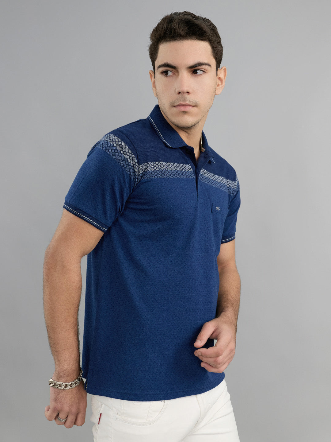 Men Navy Blue Stripe Collar Half Sleeve T-Shirt
