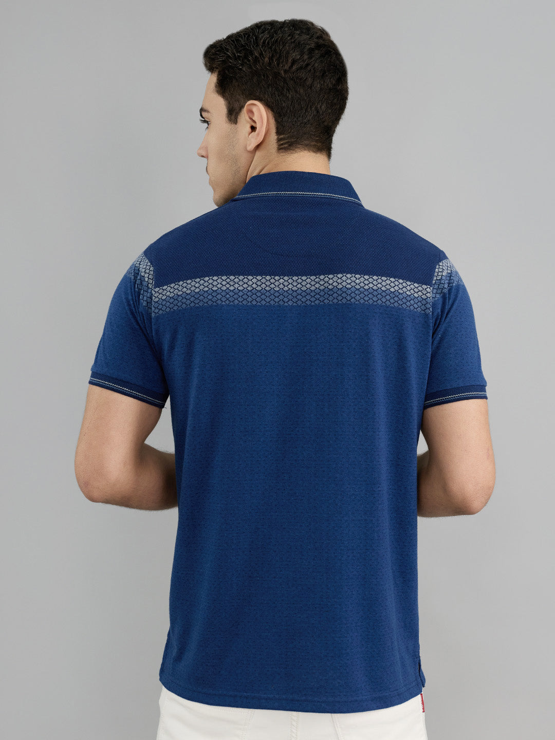 Men Navy Blue Stripe Collar Half Sleeve T-Shirt