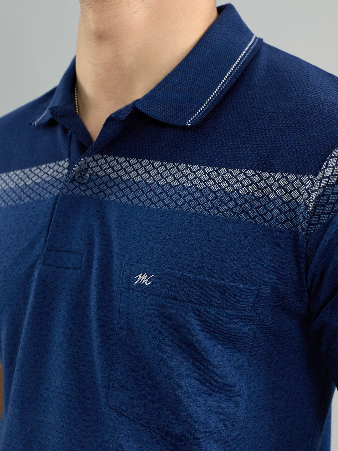 Men Navy Blue Stripe Collar Half Sleeve T-Shirt