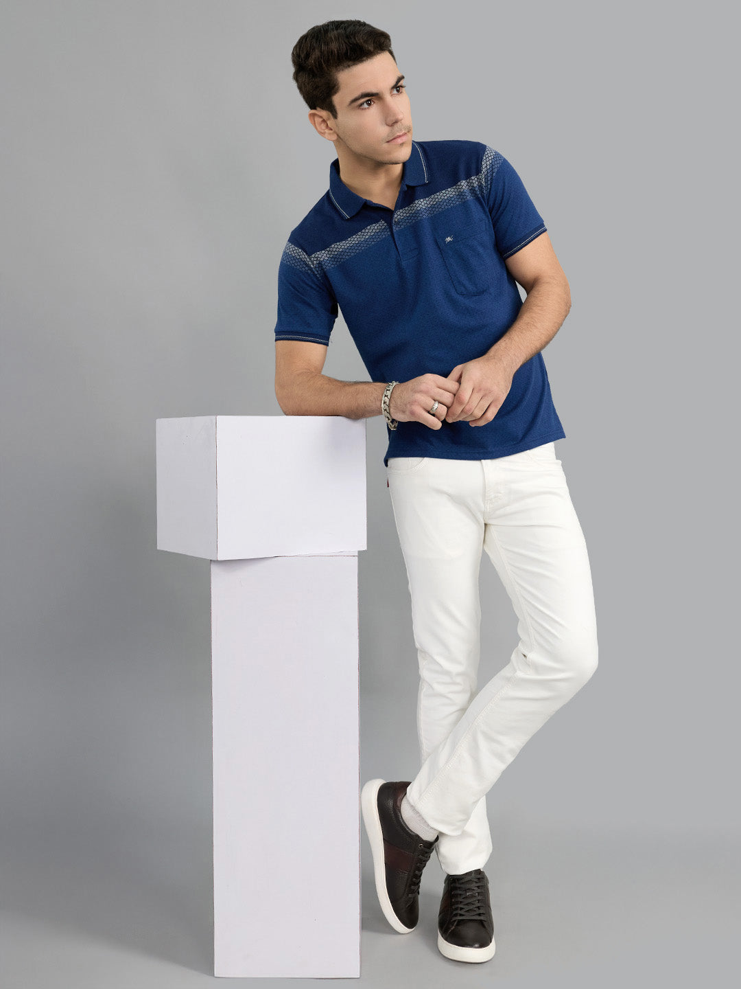 Men Navy Blue Stripe Collar Half Sleeve T-Shirt