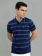 Men Navy Blue Stripe Collar Half Sleeve T-Shirt
