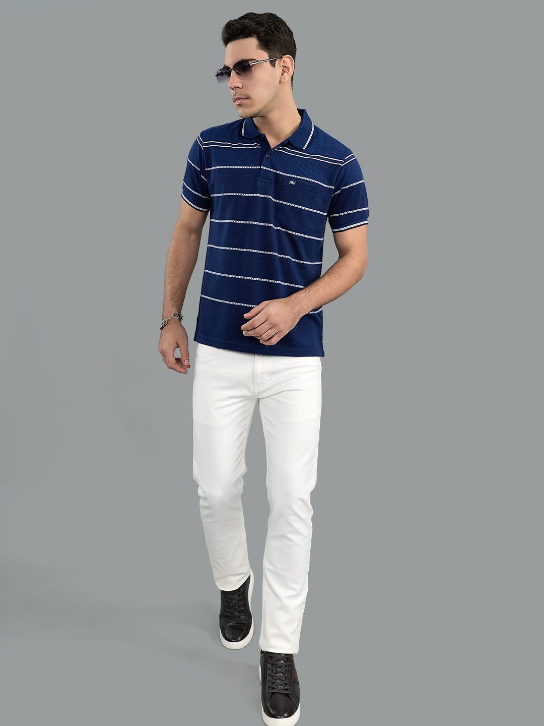 Men Navy Blue Stripe Collar Half Sleeve T-Shirt