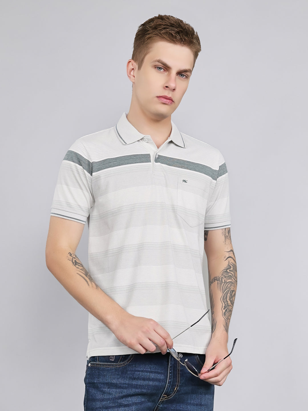 Men Grey Stripe Collar Half Sleeve T-Shirt