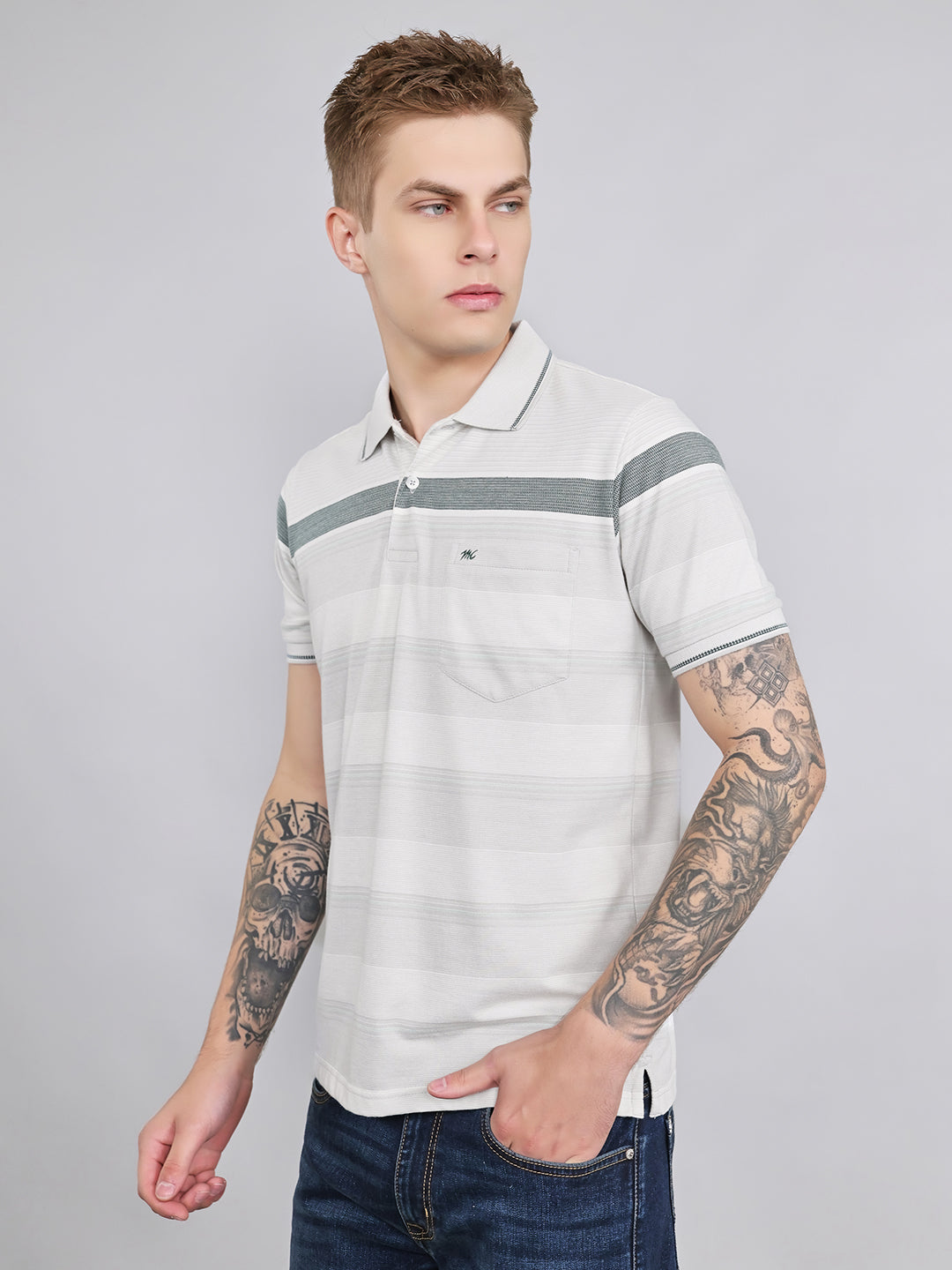 Men Grey Stripe Collar Half Sleeve T-Shirt